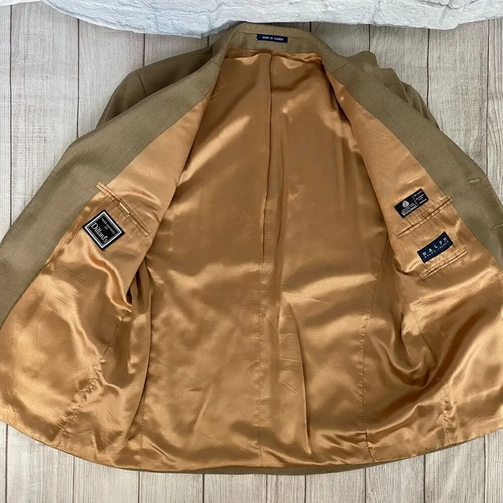 Ralph Lauren wool tan suit w/fully lined 3 button jacket and pleated cuffed pant